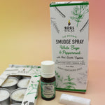 The contents of the Peppermint Aroma Smudge Kit on a pink and yellow background.