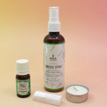 The contents of the Peppermint Aroma Smudge Kit on a pink and yellow background.