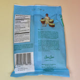 A bag of the BonBon NYC Sour Elderflower Fish - Swedish Candy on a pink and yellow background.