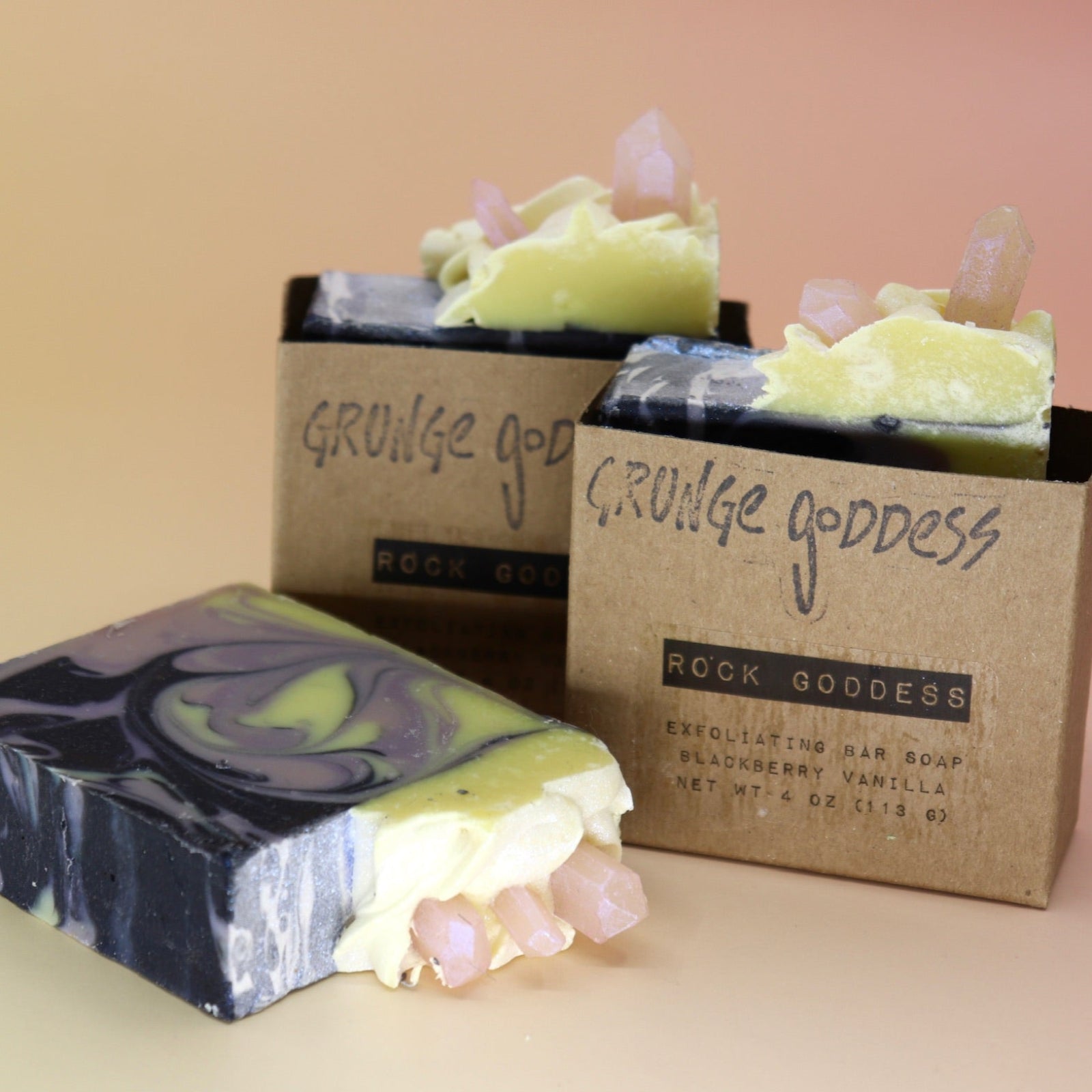 Three Rock Goddess - Exfoliating Bar Soaps on a peach-colored background.