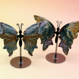 Two of the Natural Marine Jasper Butterfly Crystals with Stand on a pink and yellow background.