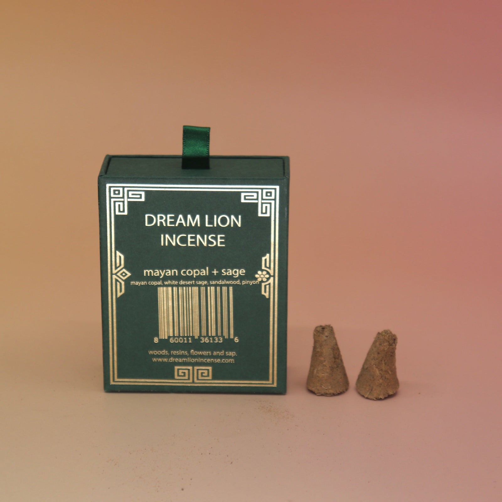The back of the Mayan Copal + Desert Sage Incense Cone with two of its incense cones next to it.