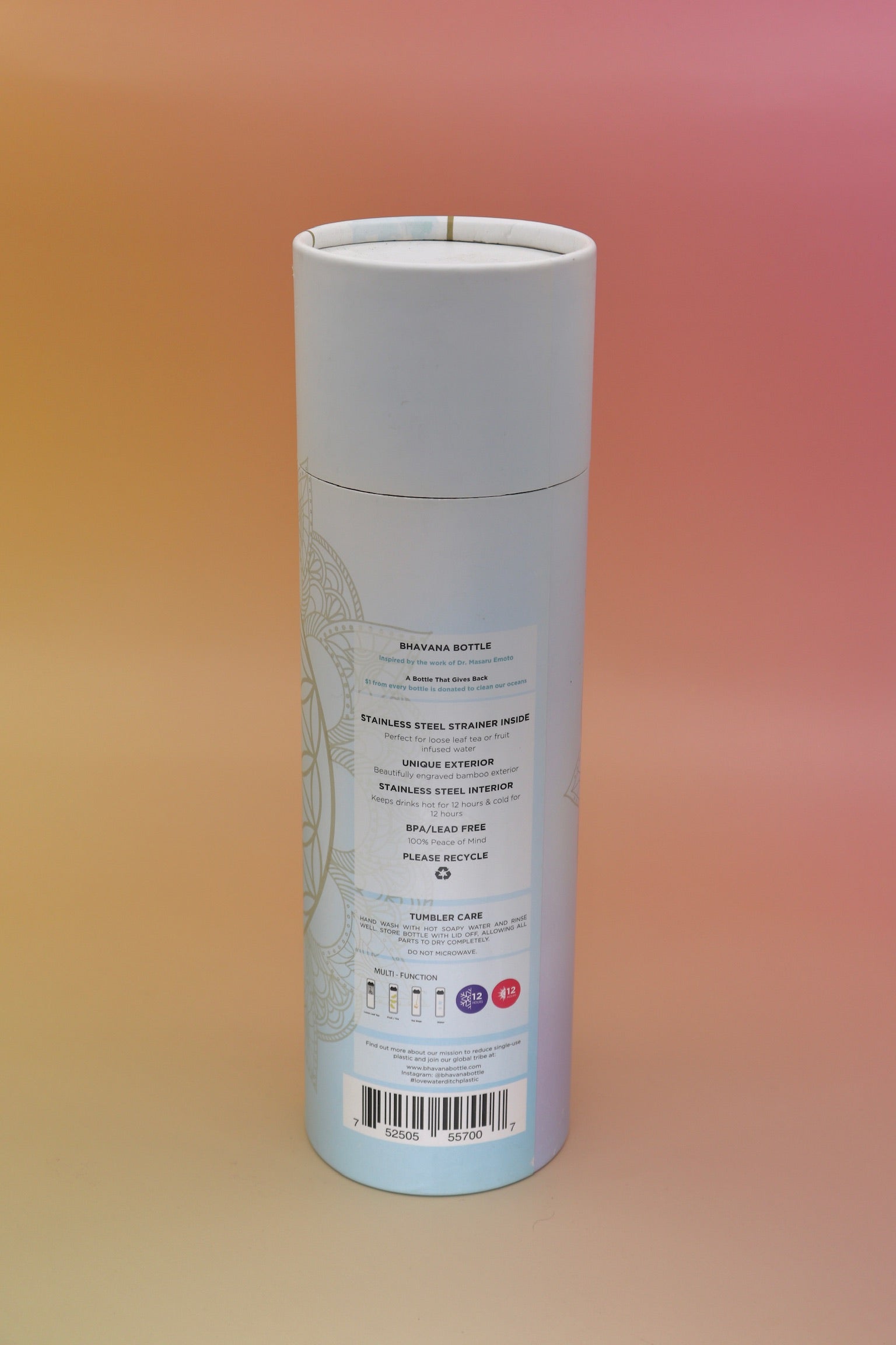 The back of the Bhavana Bamboo Infuser Traveler Tumbler container on a pink and yellow background.