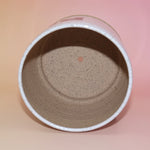 The White Speckled "PLANT" Stoneware 5 in. Planter on a pink and yellow background showing off the inside.