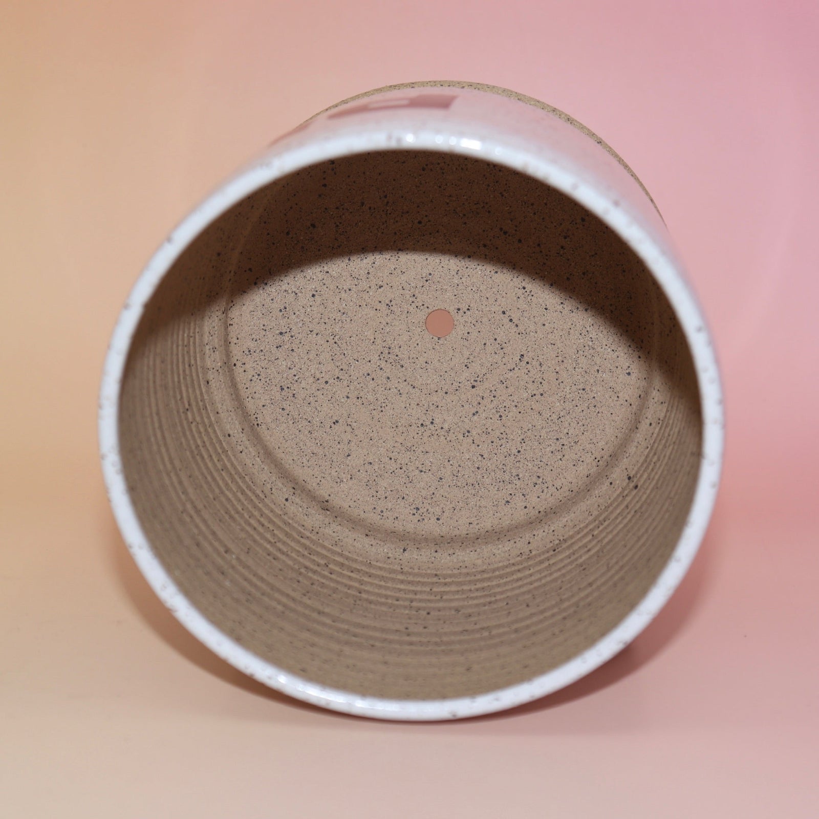 The White Speckled "PLANT" Stoneware 5 in. Planter on a pink and yellow background showing off the inside.