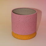 The Geraldine Multicolored Portal Stoneware 5 in. Planter on a pink and yellow background showing off the back.