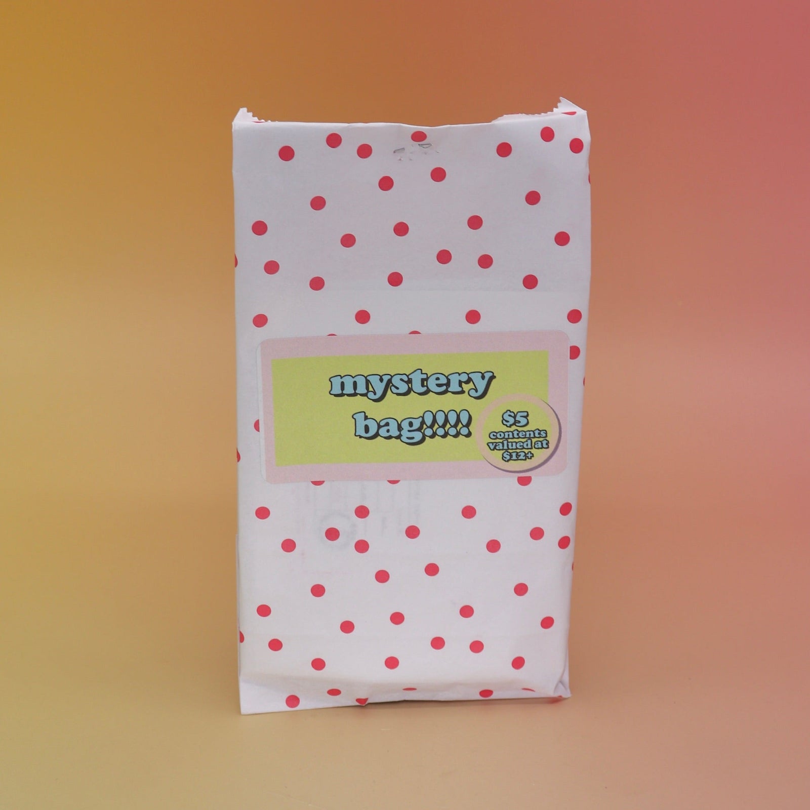 The 5 Dollar Blind Mystery Bag on a pink and orange background.
