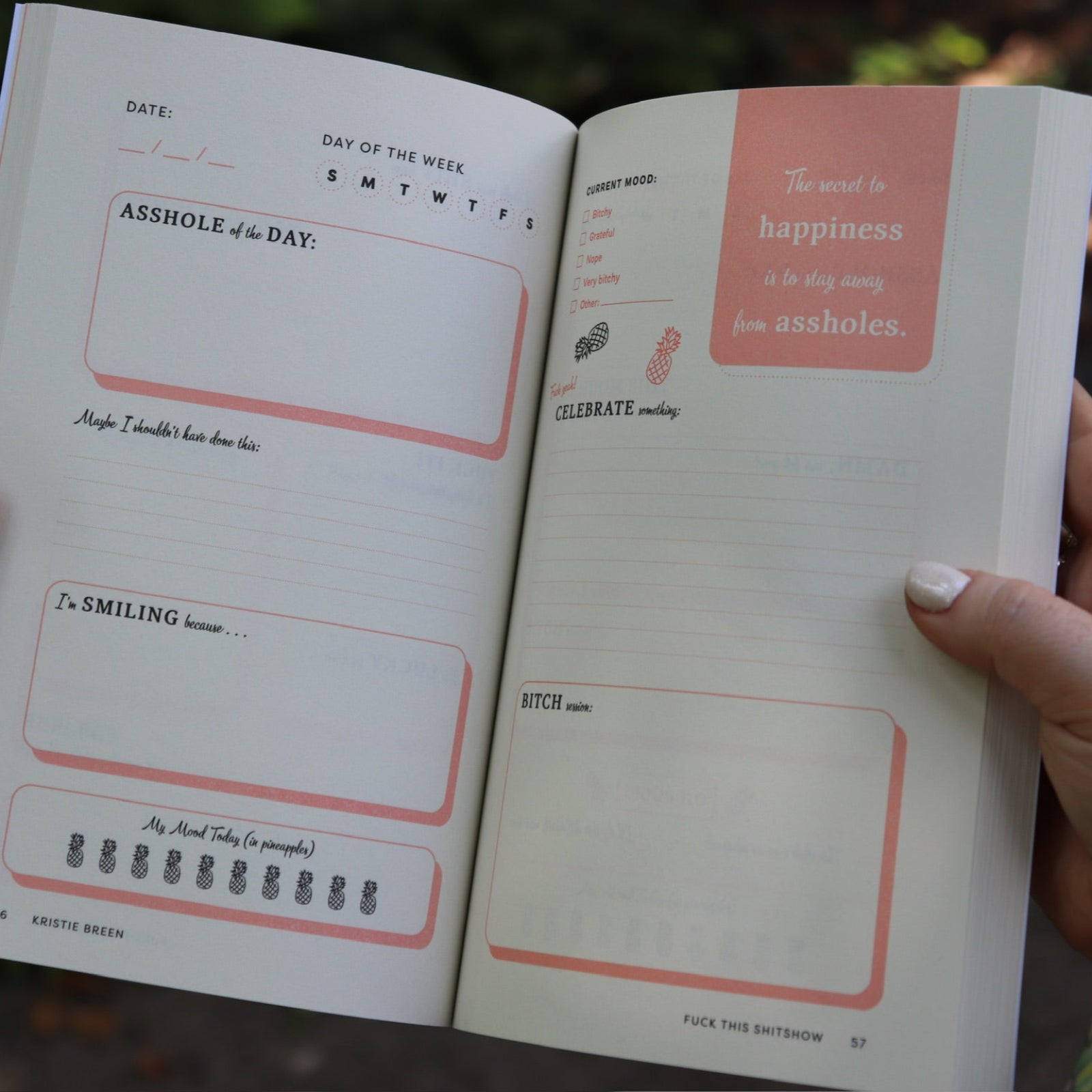 Someone holding the F*ck This Sh*tshow Gratitude Journal open to show off the pages.