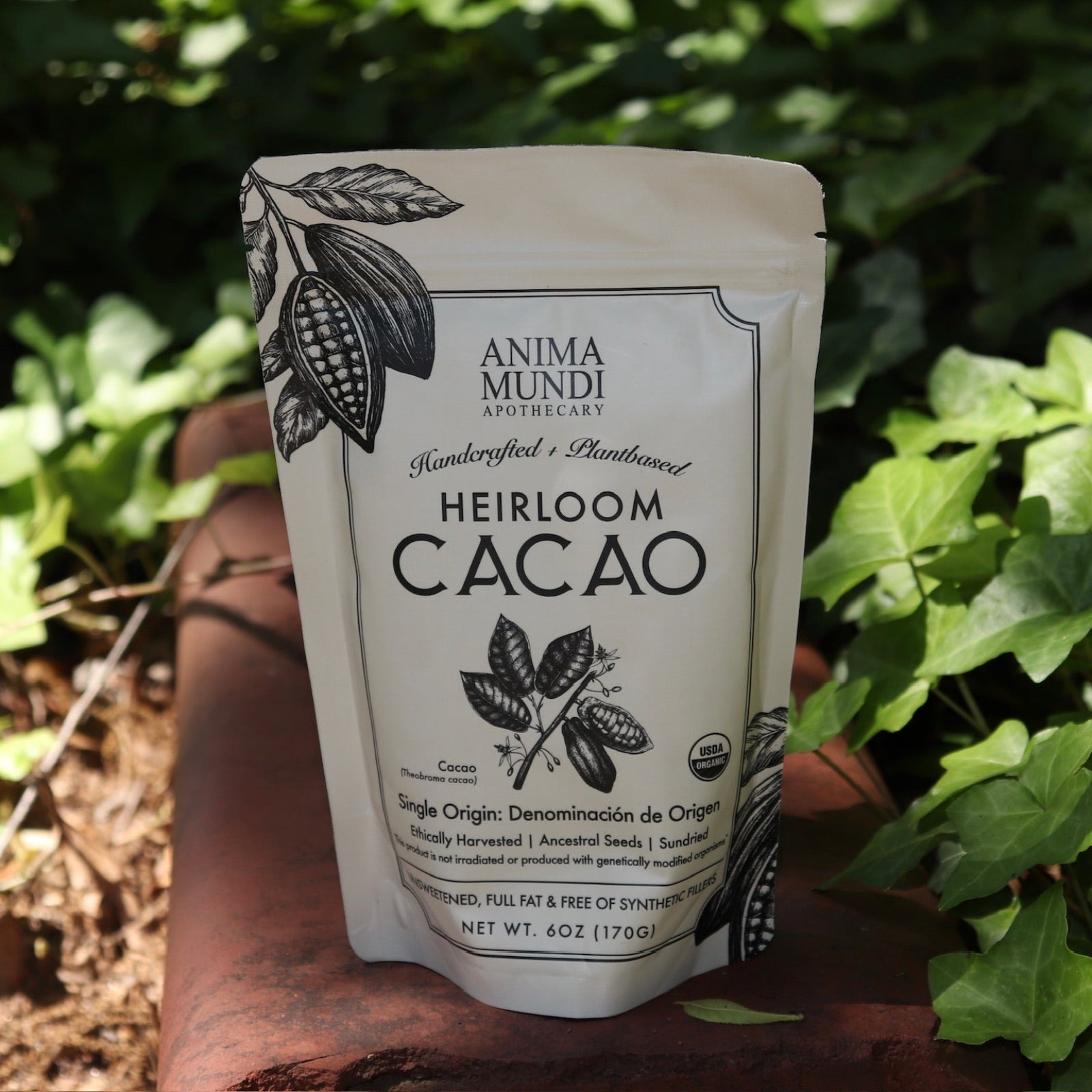 The Heirloom Cacao - Ancestral Cacao Powder on a rusty red surface next to ivy.