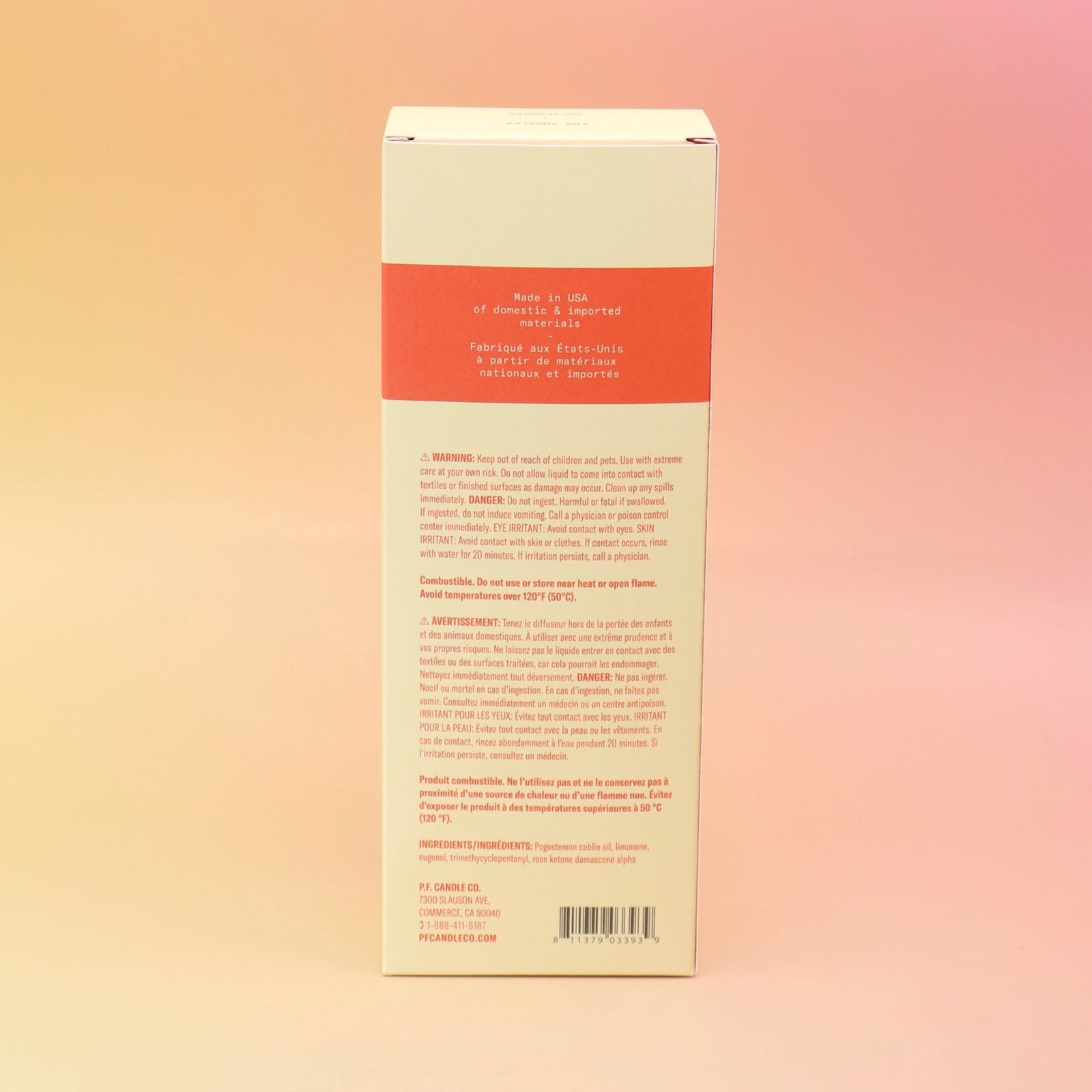 The back of the Smoked Cherry – HI-FI Reed Diffuser box on a pink and yellow background.