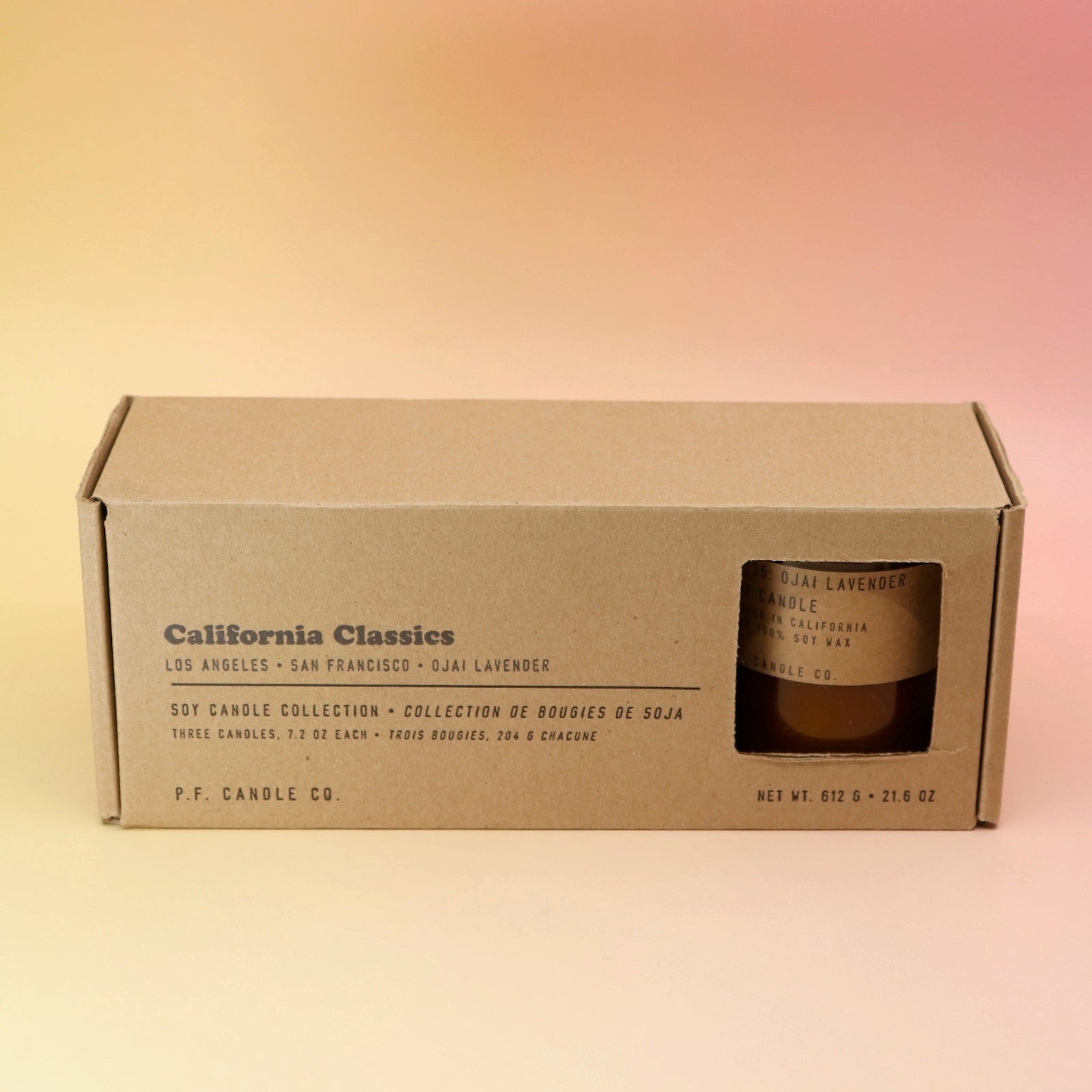 The P.F. Candle Co. - California Classics Gift Set on a pink and yellow background.