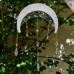 The Fantasy Opalite Suncatcher in front of a white wall with greenery behind it.