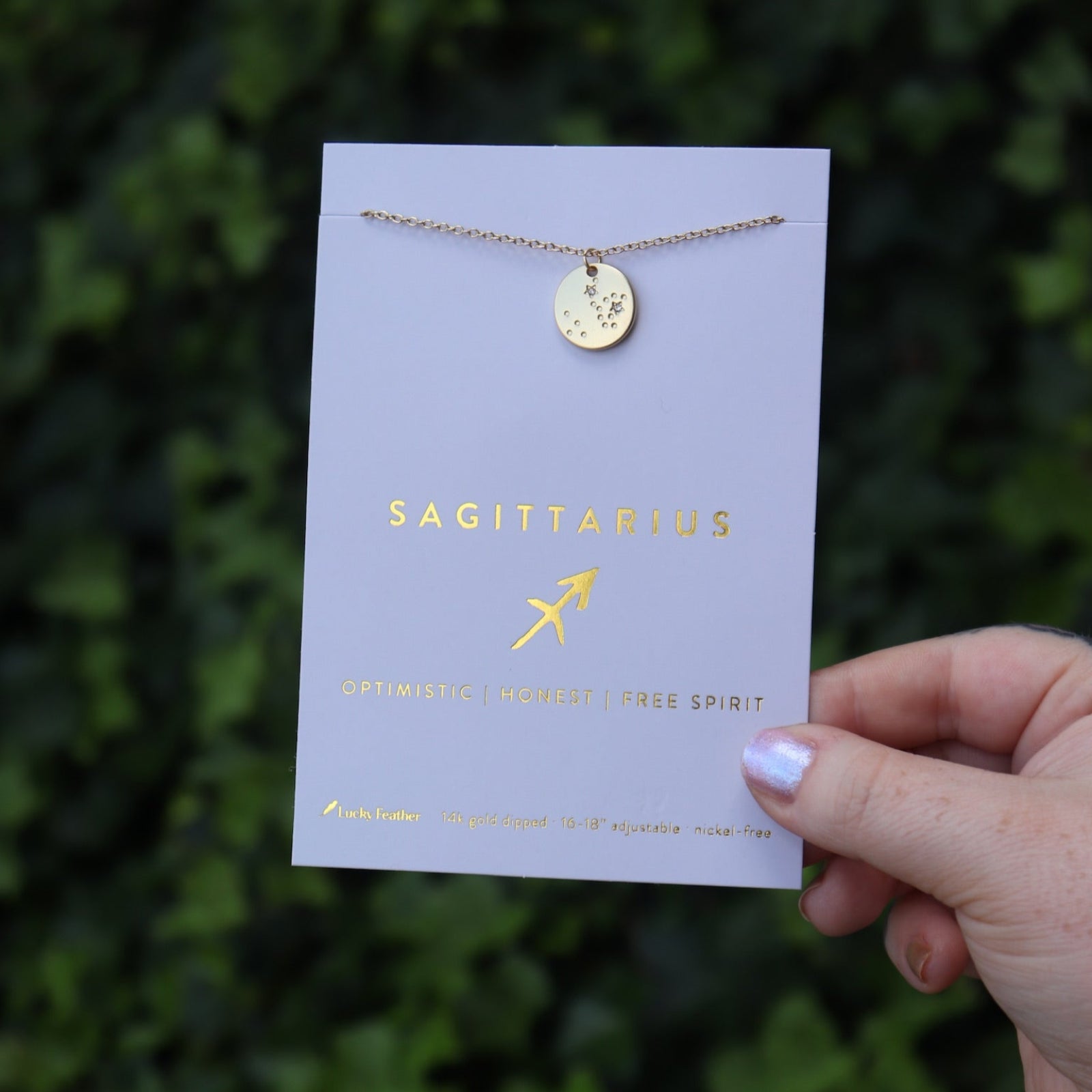 Someone holding the Sagittarius 14k Gold Dipped Nickel-Free Zodiac Necklace on its card in front of greenery.