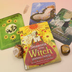 The Lammas Oracle Card Deck and its contents surrounded by tumbled crystals on a pink and yellow background.