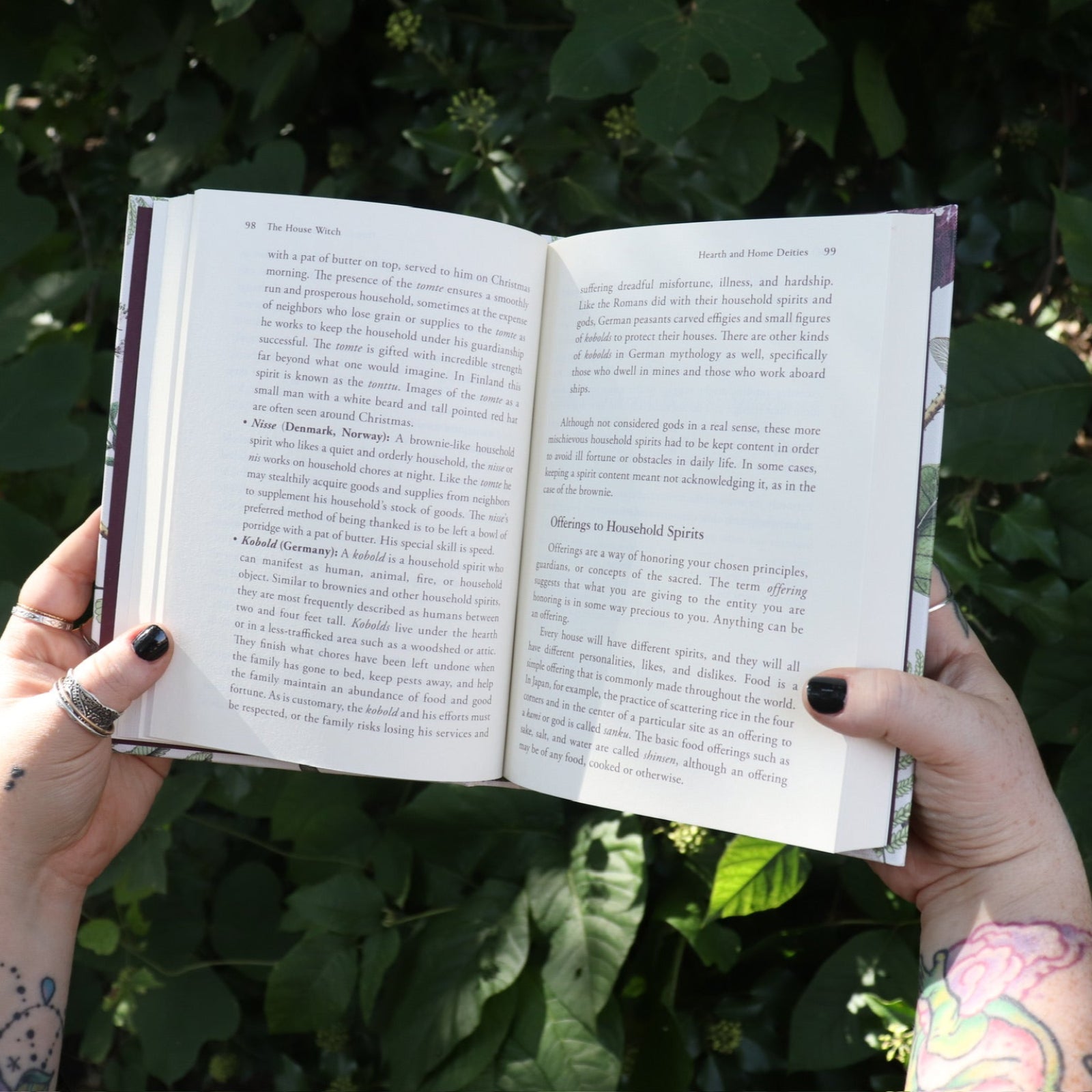 Someone holding one of the books open from the Witchcraft Boxed Set by Arin Murphy-Hiscock in front of greenery.