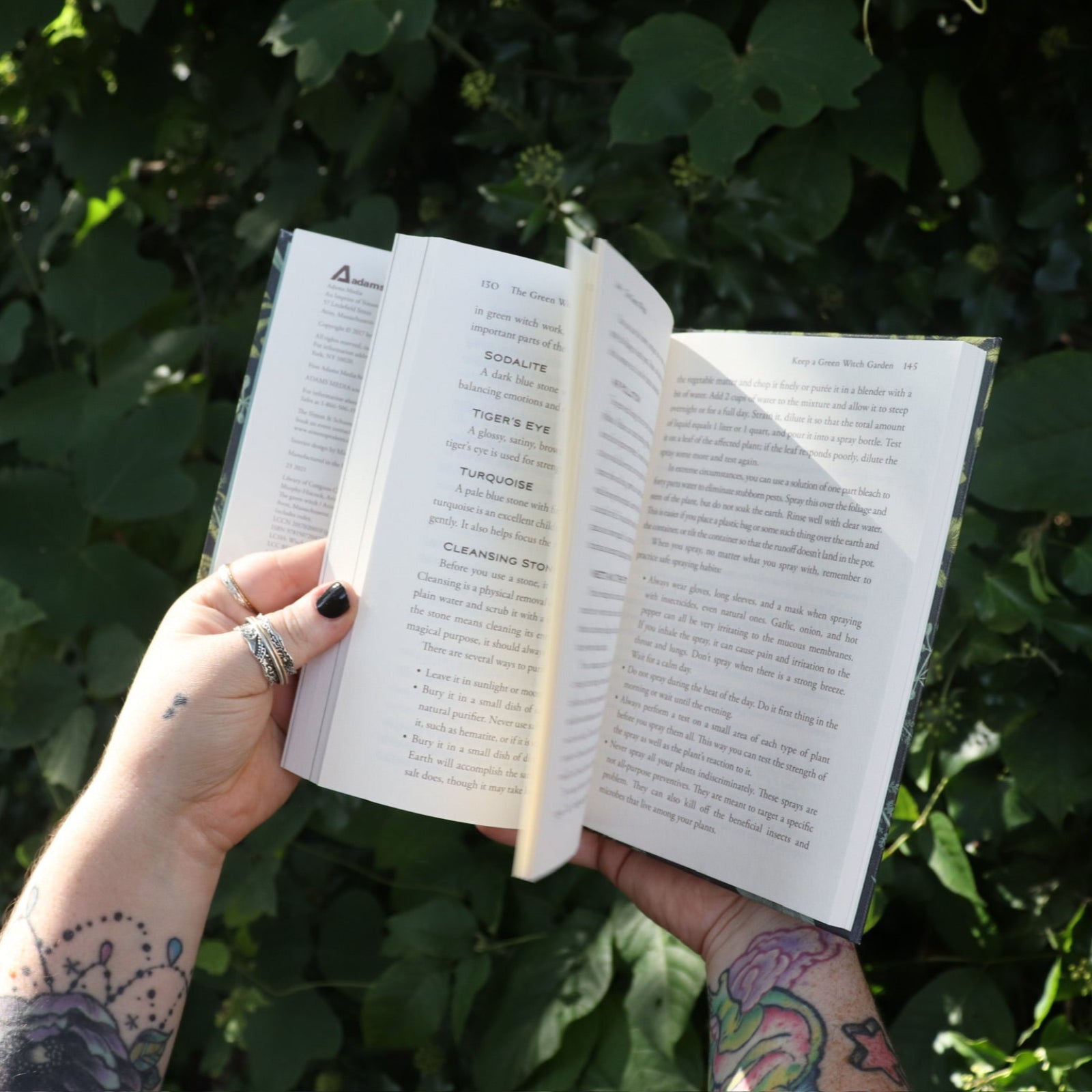 Someone holding one of the books open from the Witchcraft Boxed Set by Arin Murphy-Hiscock in front of greenery.
