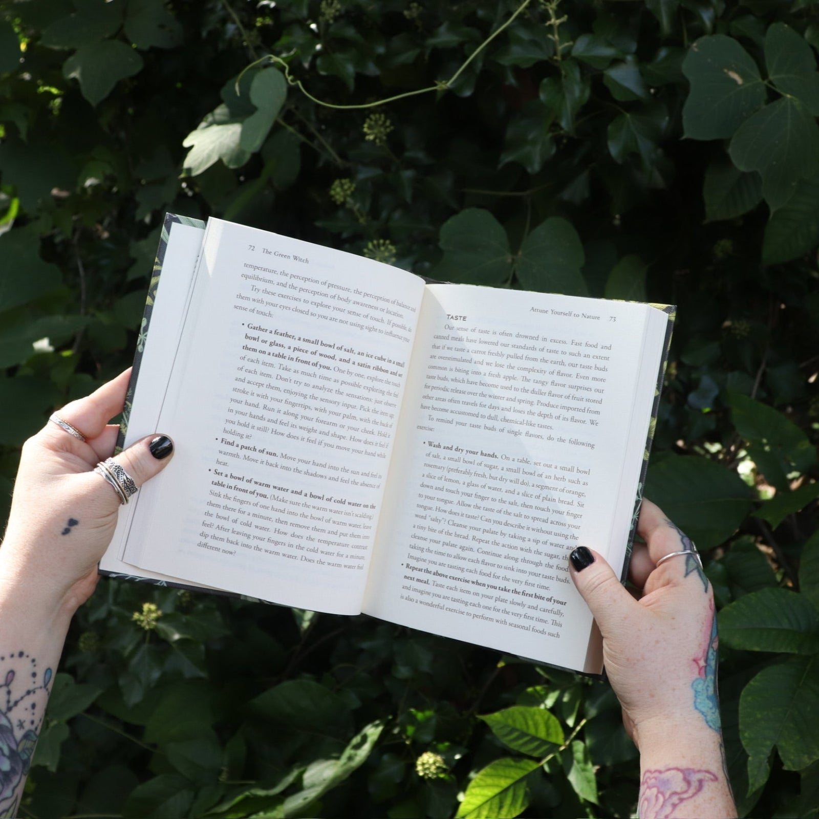 Someone holding one of the books open from the Witchcraft Boxed Set by Arin Murphy-Hiscock in front of greenery.