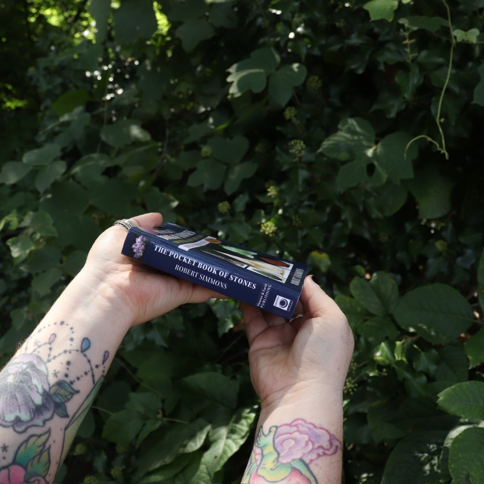Someone holding the Pocket Book of Stones by Robert Simmons in front of greenery, showing off the spine of the book.
