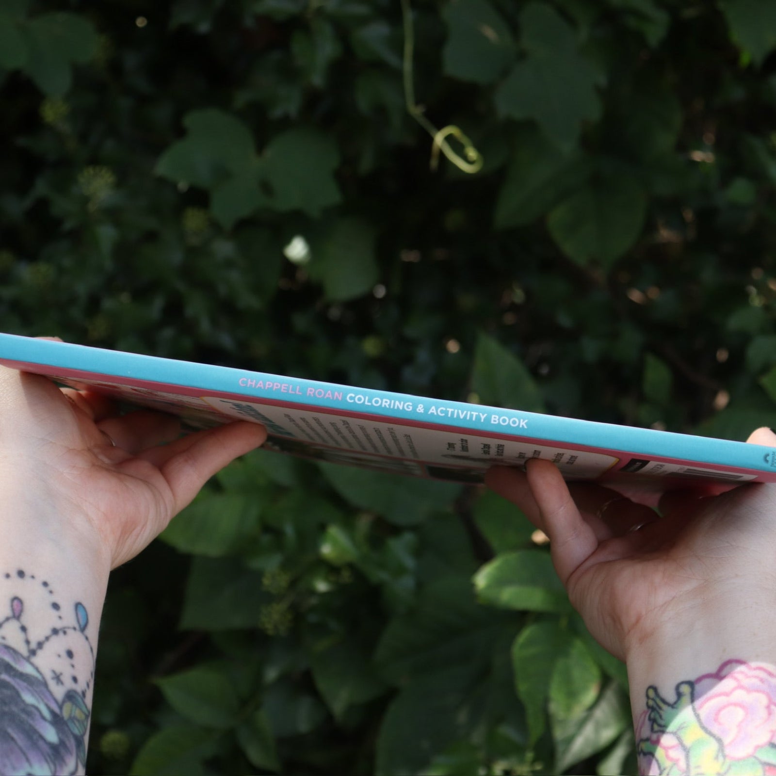 Someone holding the Chappell Roan Coloring & Activity Book in front of greenery, showing off the spine of the book.