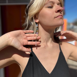 A woman wearing the Realm Earrings with a black dress.