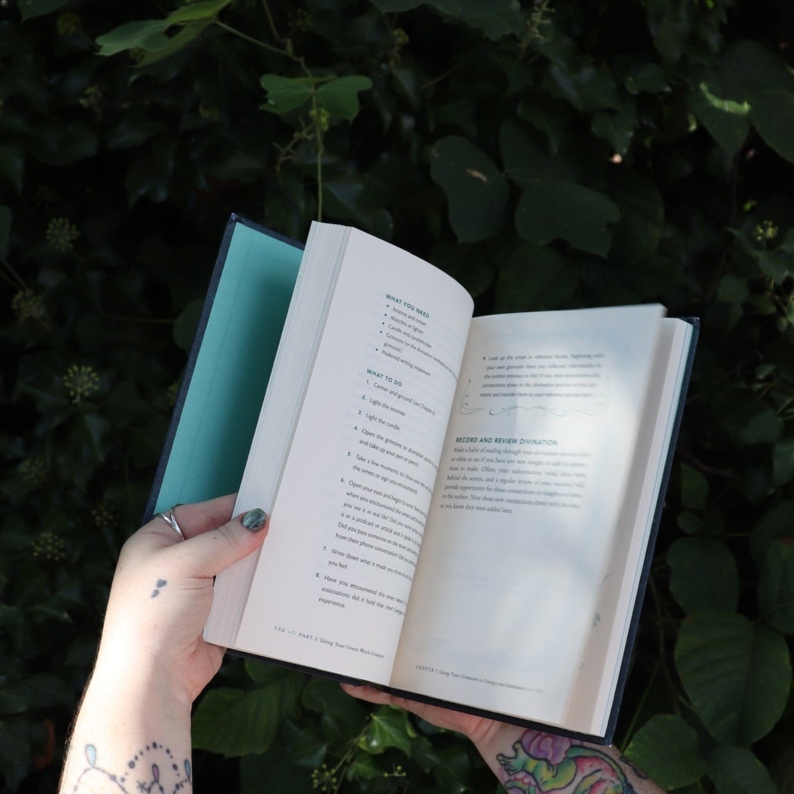 Someone holding the Green Witch's Grimoire by Arin Murphy-Hiscock open in front of greenery, showing off the pages.