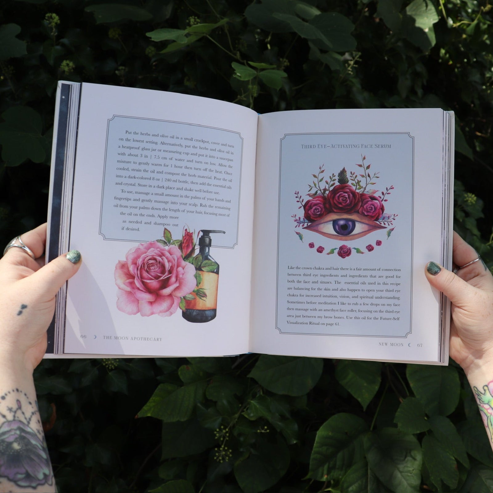 Someone holding the Moon Apothecary by Lorriane Anderson: Hardcover open in front of greenery, showing off the pages.