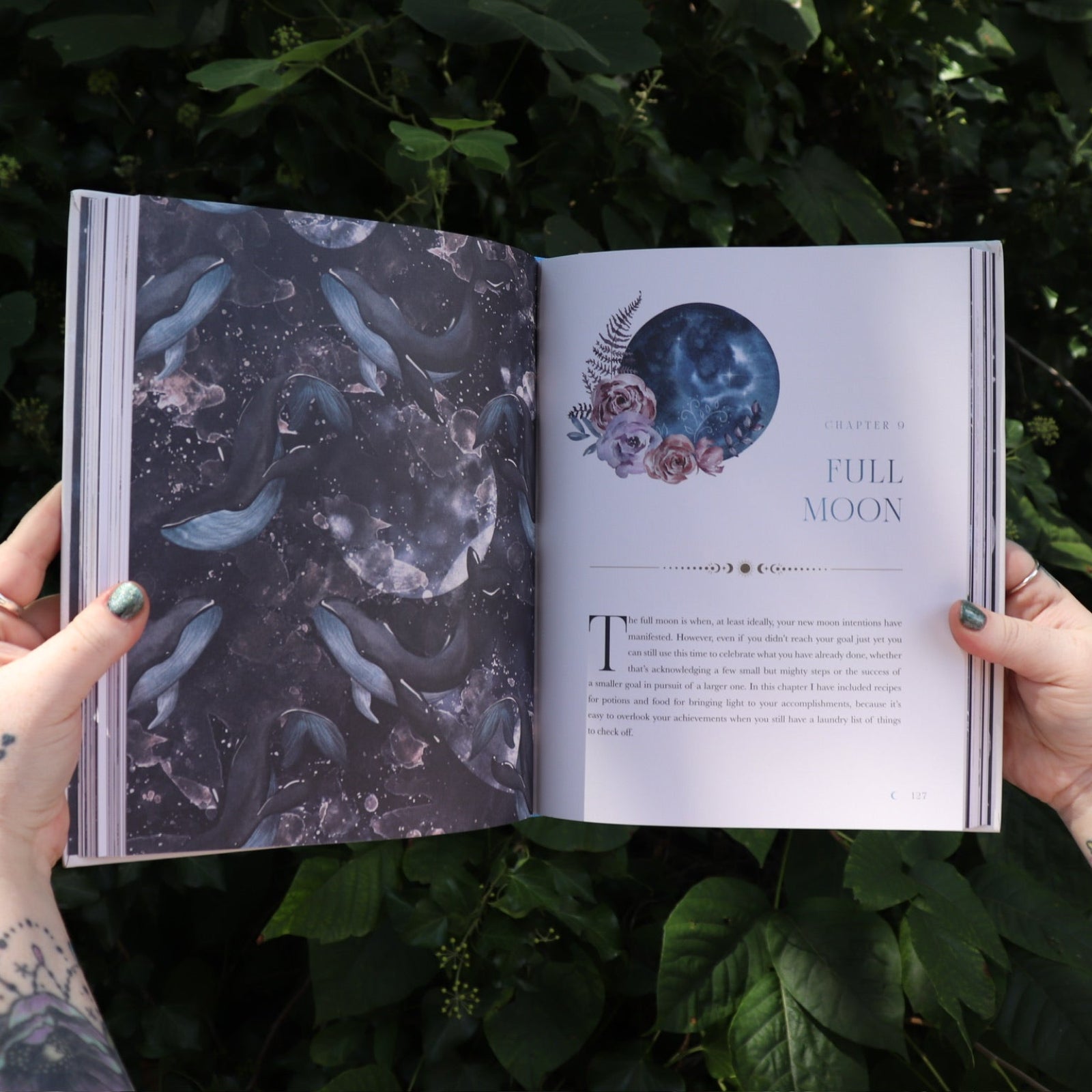 Someone holding the Moon Apothecary by Lorriane Anderson: Hardcover open in front of greenery, showing off the pages.