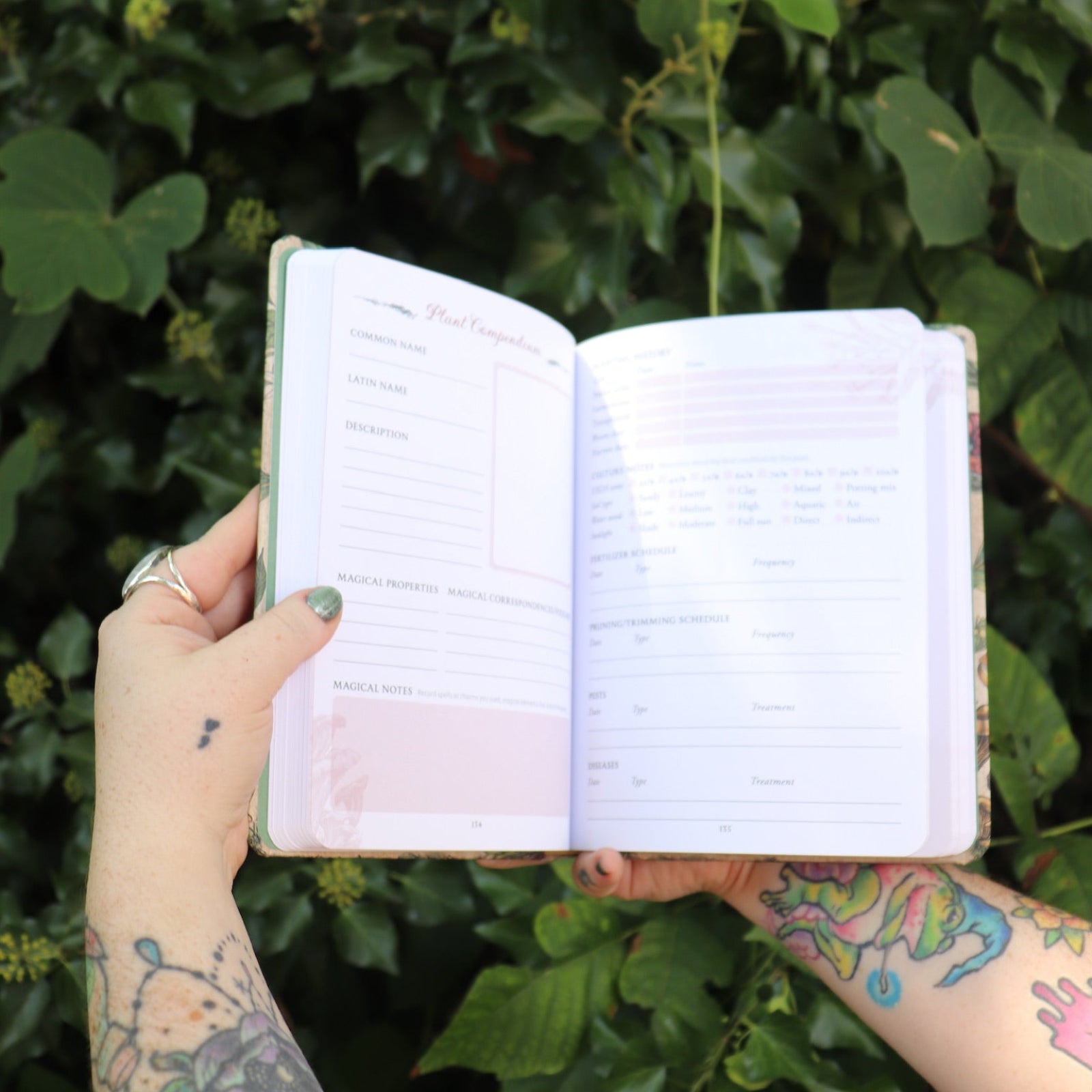 Someone holding the Green Witch's Garden Journal by Arin Murphy-Hiscock open in front of greenery, showing off the pages.