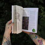 Someone holding the Herbalist's Bible by Julie Bruton-Seal - Paperback Book open in front of greenery, showing off the pages.