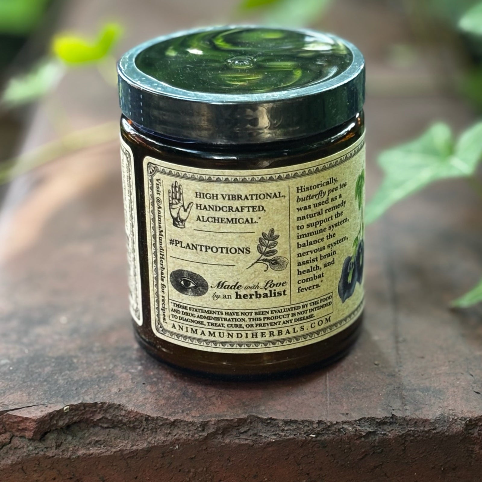 The side of the Blue Healer Butterfly Pea Flower Tea 4.5 oz Powder on a rusty red surface surrounded by green ivy.
