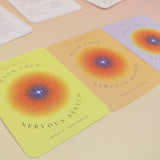 The contents of the Hack Your Nervous System card deck on a pink and yellow background.