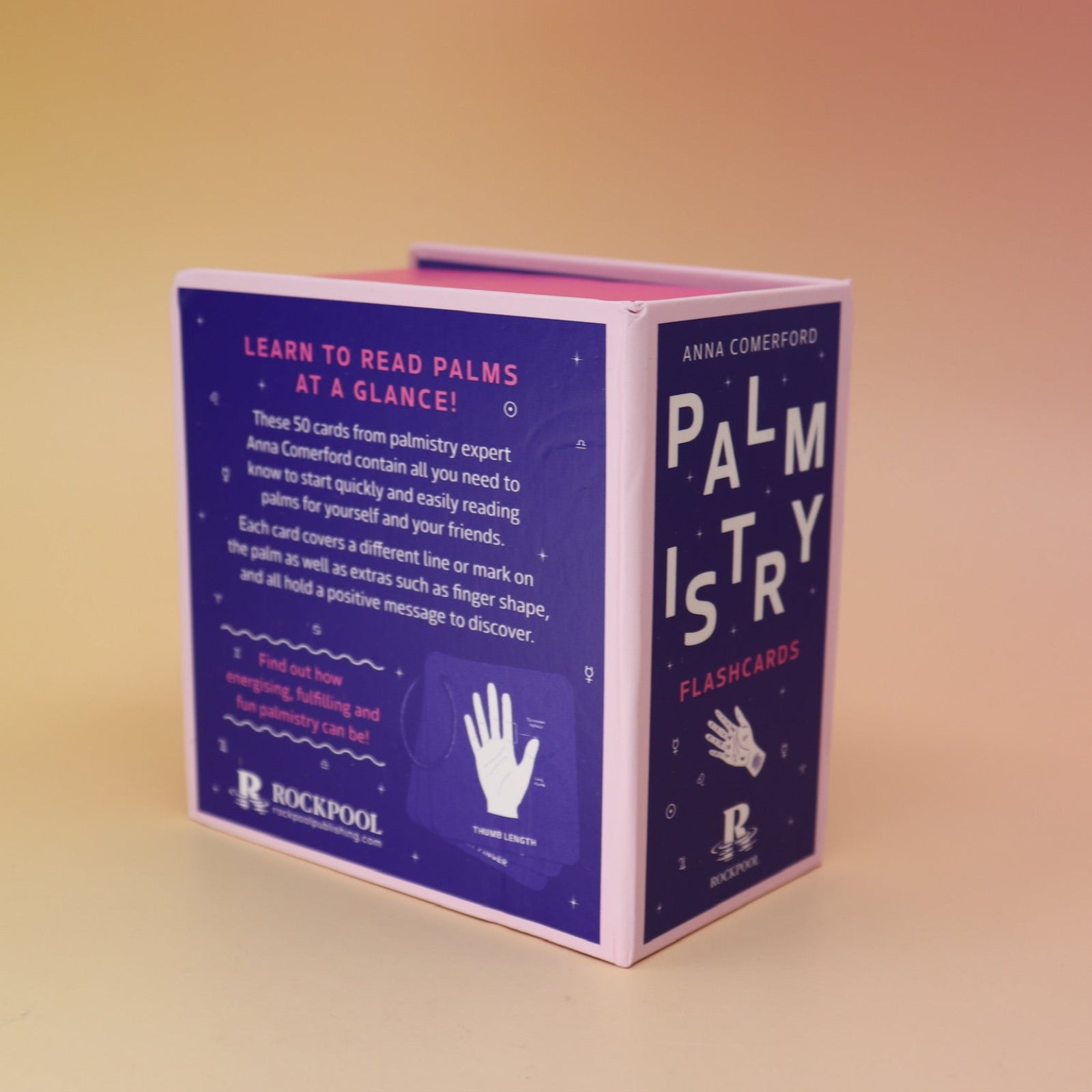 The back Palmistry Flashcards by Anna Comerford on a pink and yellow background.