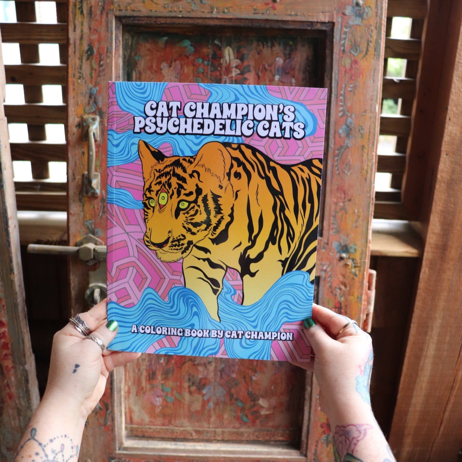 Someone holding the Psychedelic Cats Coloring Book in front of a wooden background.