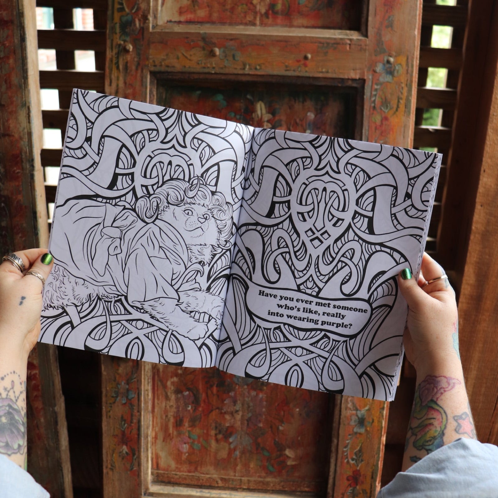 Someone holding the Stoner Cats Coloring Book open in front of a wooden background, showing off the pages.