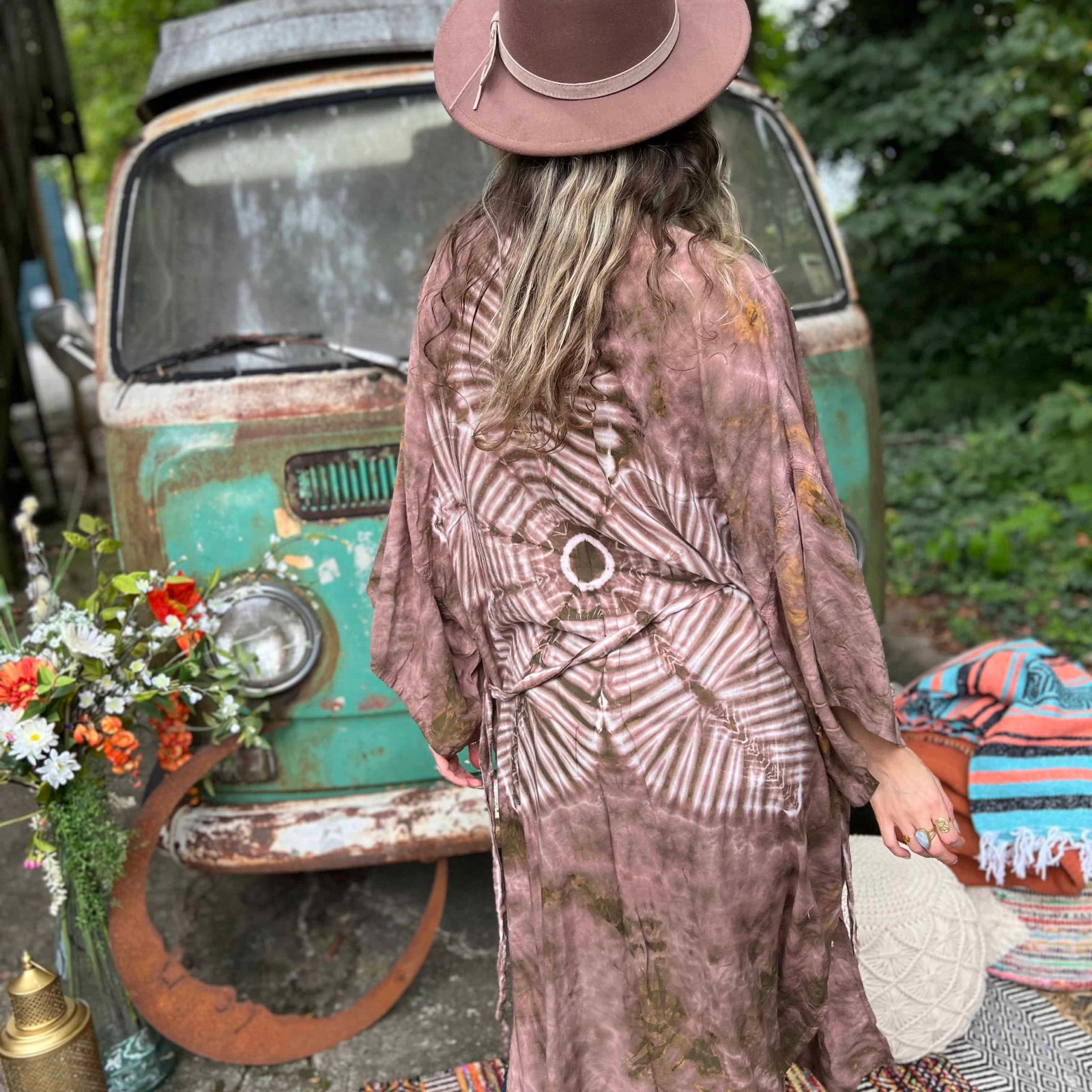 Full back view of mauve bohemian hand-dyed kimono with lotus flower
