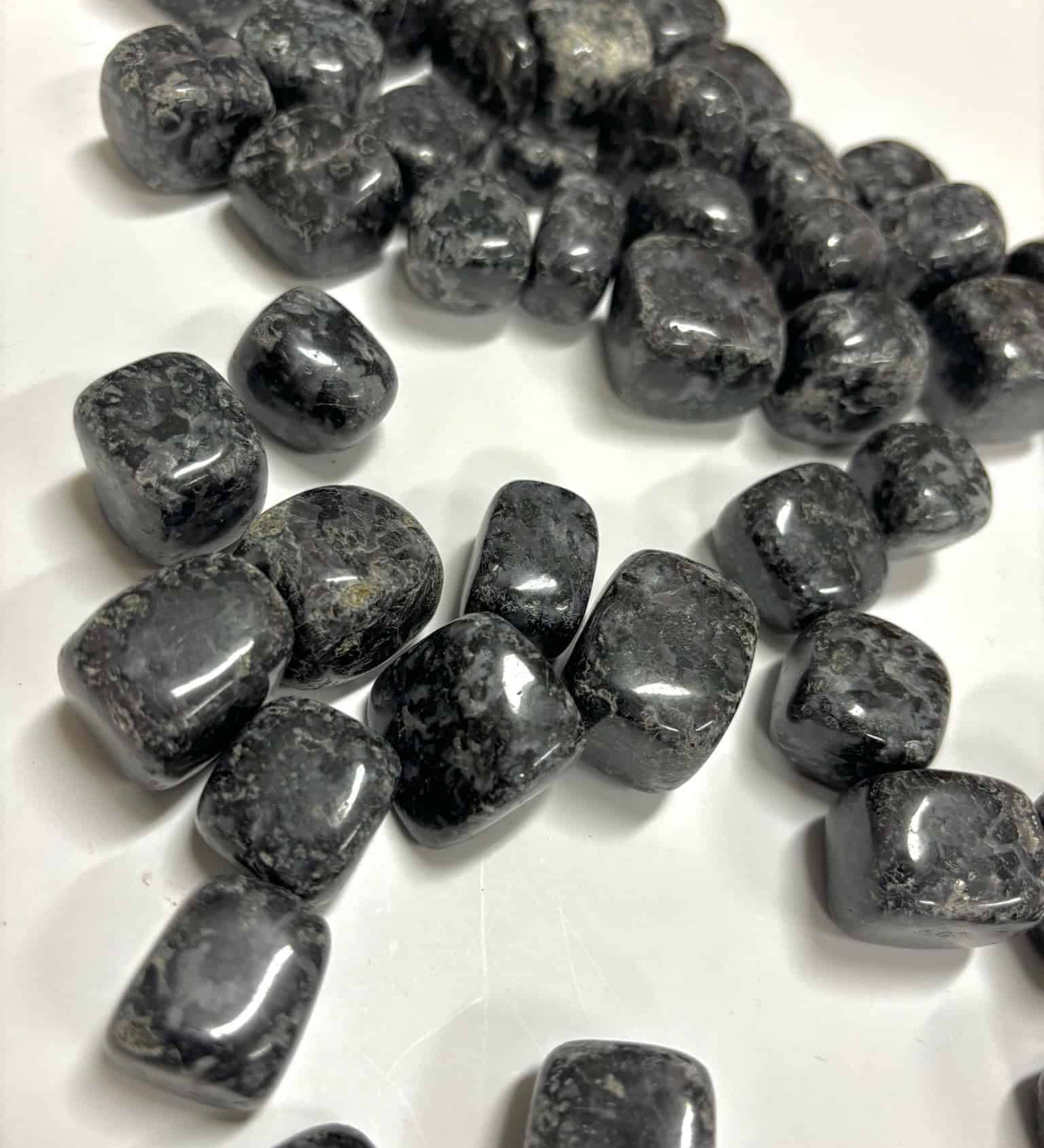 Dozens of polished Indigo Gabbro tumbles scattered across a white surface