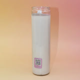 Candle in a glass jar with a QR code label on a gradient background