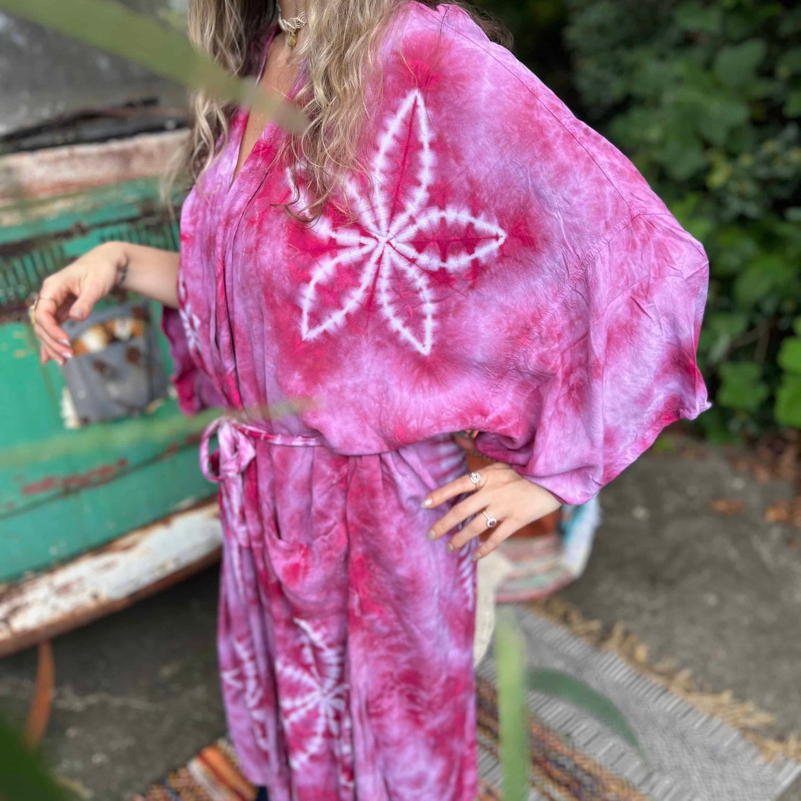 Front pocket feature of hand-dyed green bohemian kimono