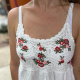 A woman wearing the Floral Crochet Lace Spaghetti Strap Dress.