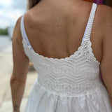 A woman wearing the Floral Crochet Lace Spaghetti Strap Dress.