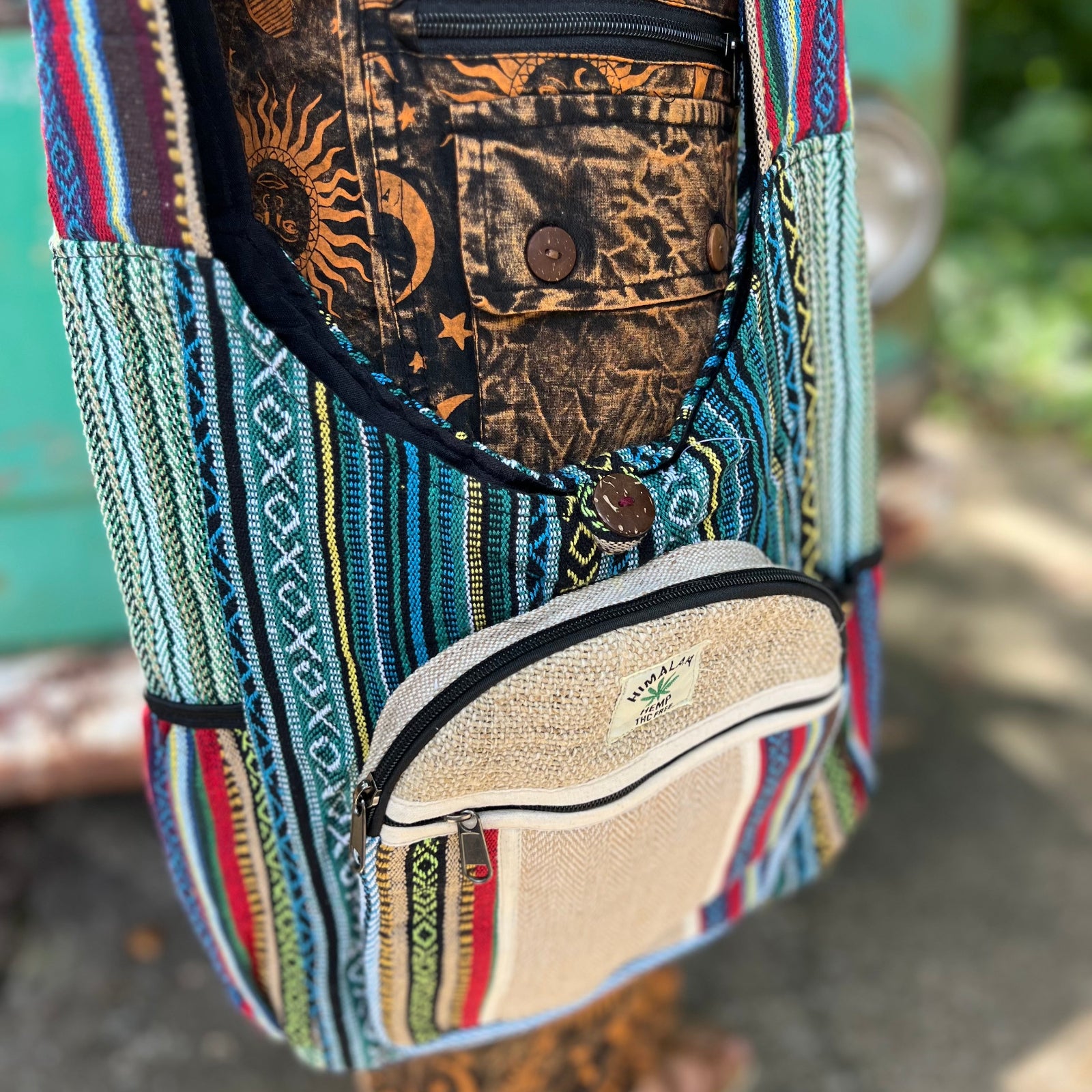 Someone wearing the Cotton Hemp Two Pocket Crossbody Bag.