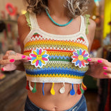 An up-close picture of someone wearing the beige Bohemian Style Colorful Striped Knit Tank Top.