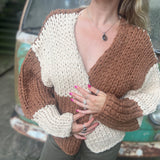 Cream and Brown Color Block Chunky Knit Open Front Sweater Cardigan