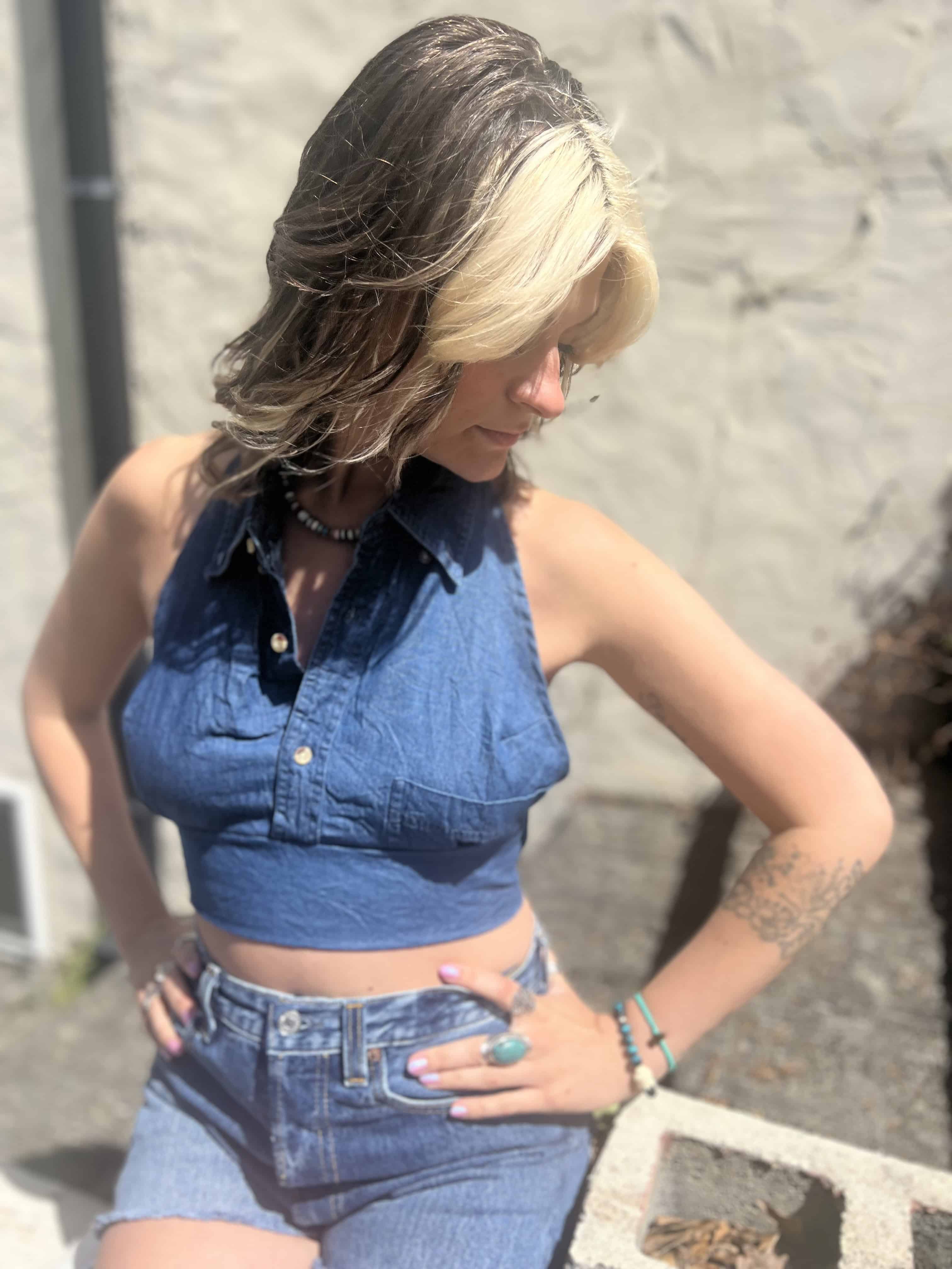 Recycled Denim Halter Top – Upcycled Vintage Shirt on a cream stucko background