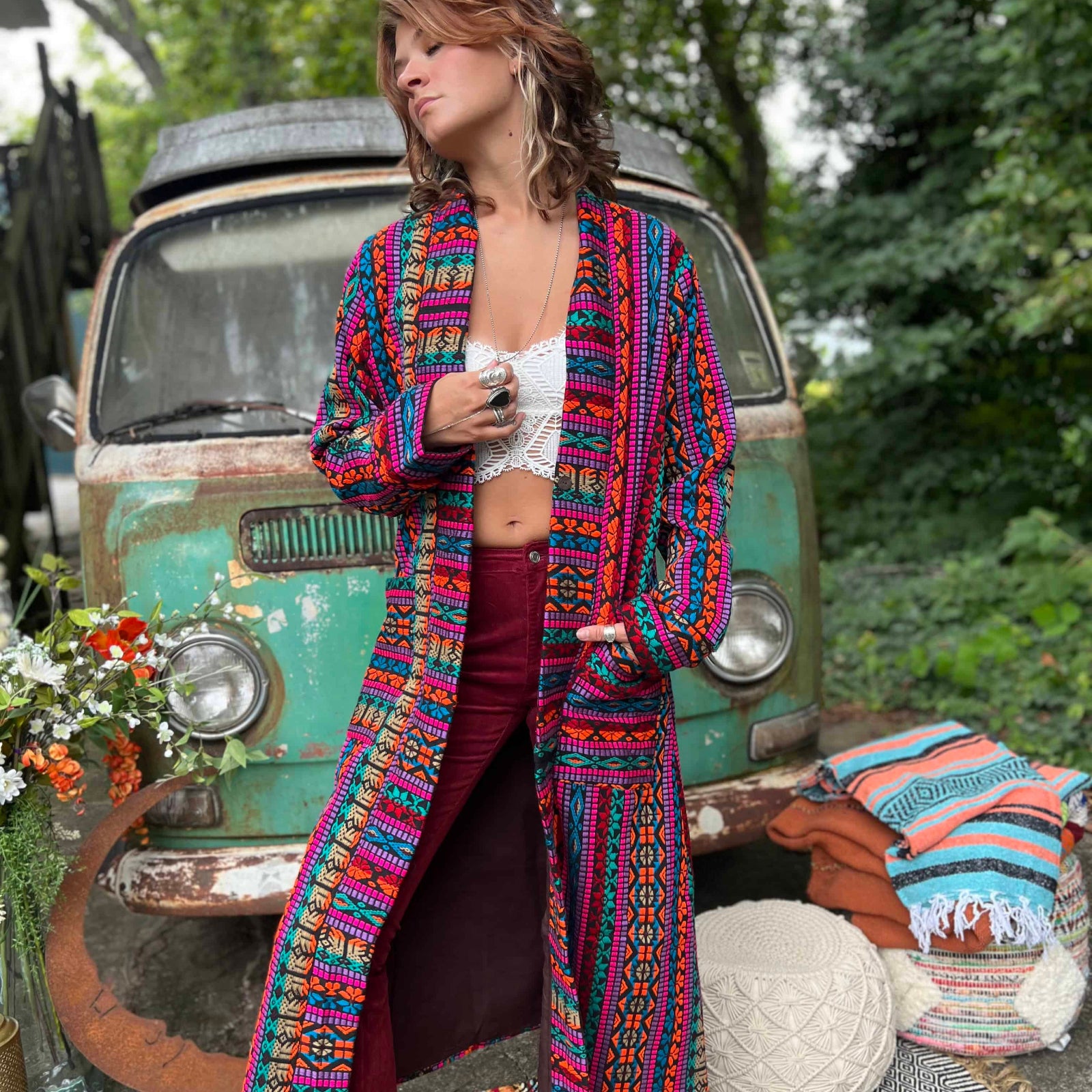Handmade boho cotton long jacket side profile