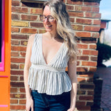 Linen Striped Deep V-Neck Top