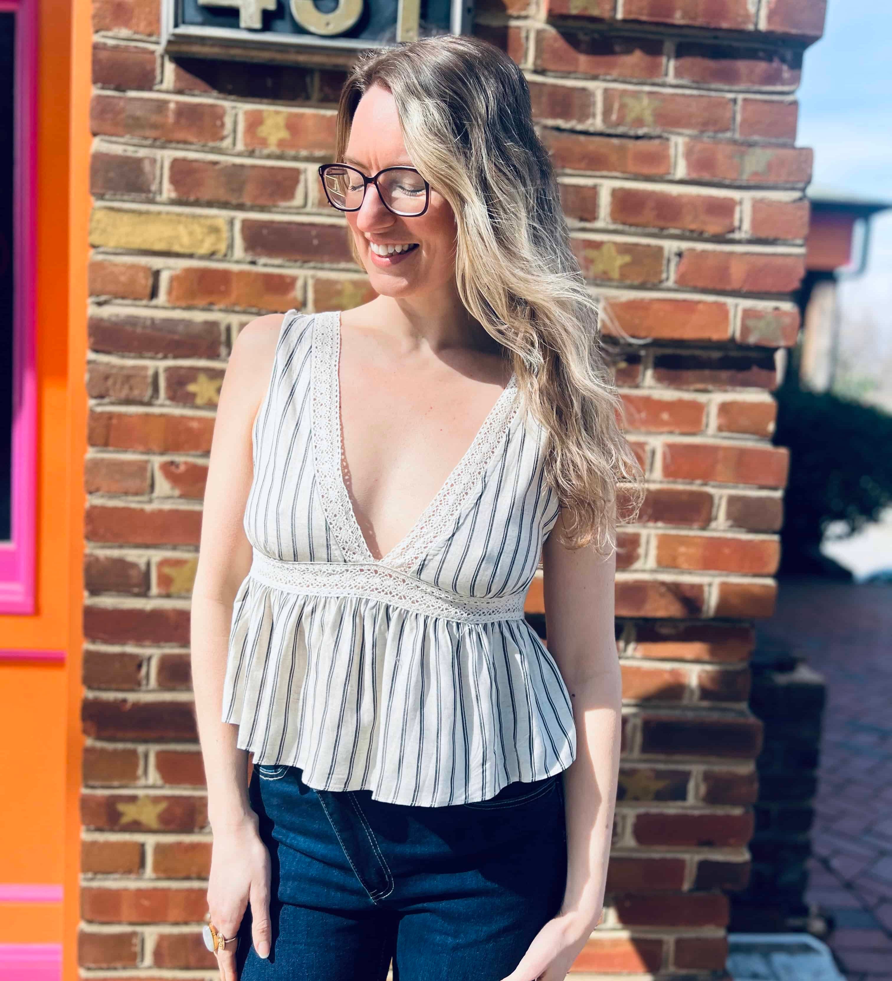 Linen Striped Deep V-Neck Top