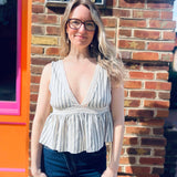 Linen Striped Deep V-Neck Top