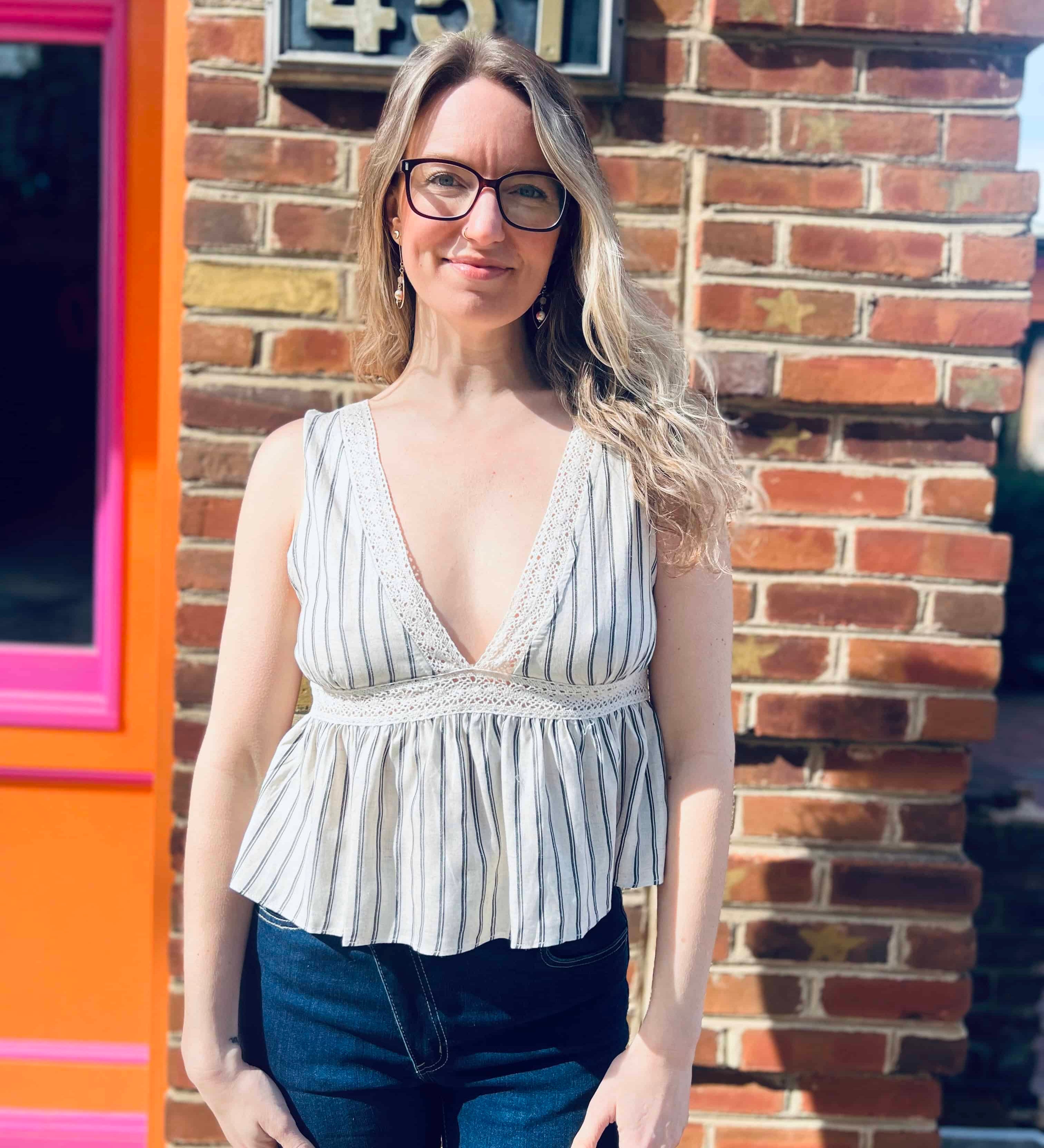 Linen Striped Deep V-Neck Top