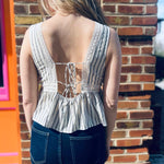Linen Striped Deep V-Neck Top